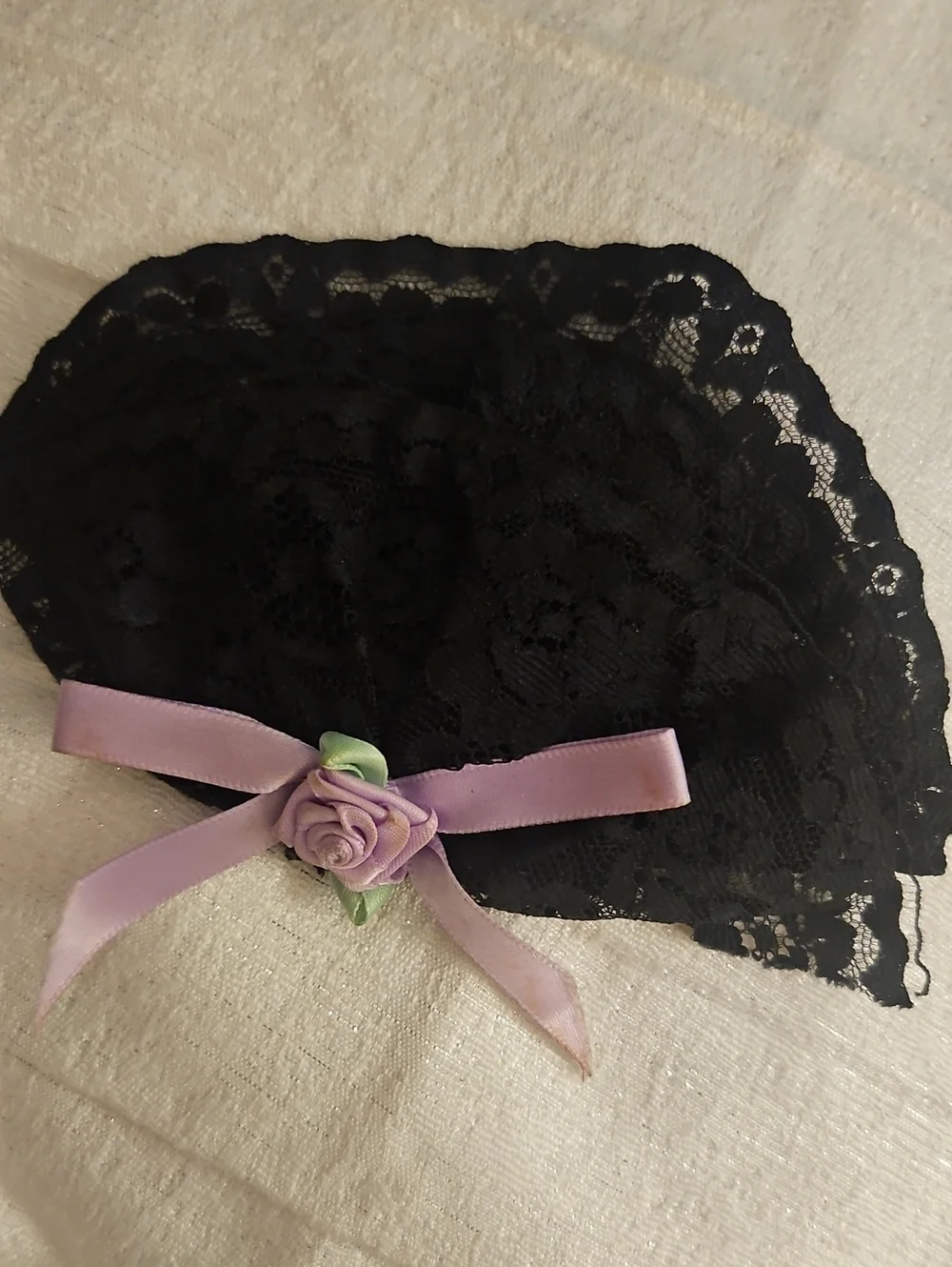 Vintage Fan Shape Black Lace Hair Barrette with Lavender Rose Accent